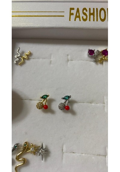 Taşlı Kiraz Tasarım Tragus Helix Pearsing Kıkırdak Küpe Gümüş