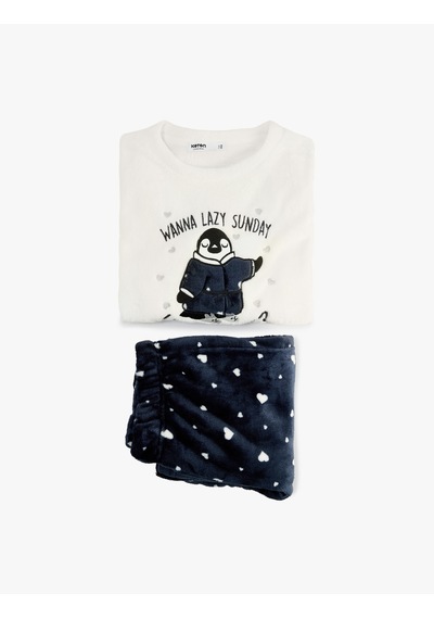 Koton Rahat Kesim Penguen Baskılı Polar Pijama Takımı Lacivert Desenli 6wlk40021mk