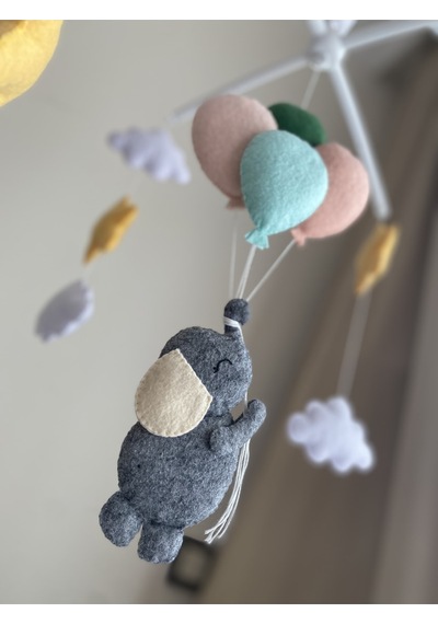 Erkek Veya Kız Bebek Çocuk Odası Balonlu Fil Müzikli Dönence