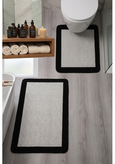 My Evilla Sisal Vektör Kaymaz Tabanlı Kolay Silinebilir 2li Siyah Beyaz Banyo Paspas Seti 60x100-50x60