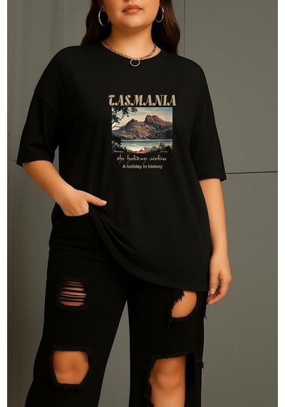 Büyük Beden Tasmania Baskılı Unisex Tişört SIYAH