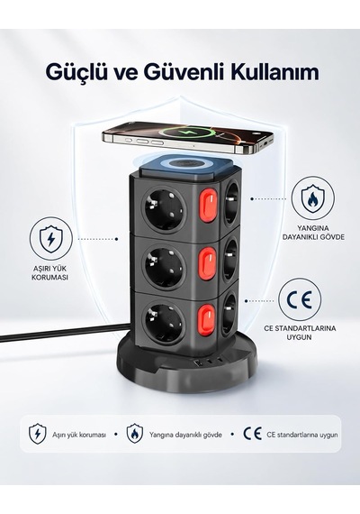 12'li Kule Tipi Çoklu Priz 3680w Kablosuz Şarjlı 1xusb-a 2xtype- C Akıllı Güç İstasyonu Standart