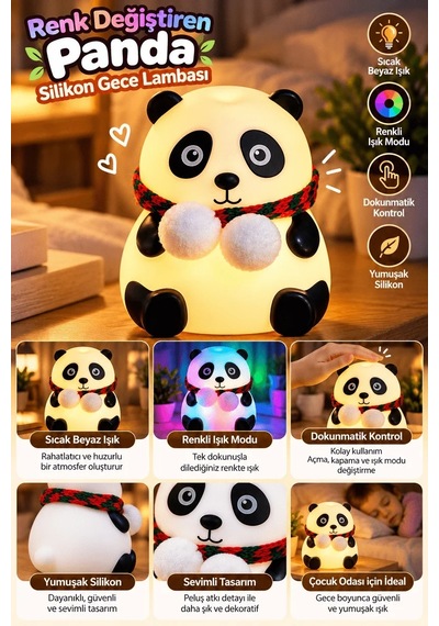 Lb Dokunmatik Kontrollü Renk Değiştiren Panda Gece Lambası Çocuk Odası Ve Yatak Odası Çok Renkli