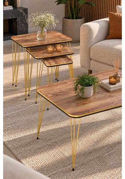 Sulorahome Ceviz Desenli Gold Tel Ayaklı 4'lü Sehpa Seti Ceviz - Altın