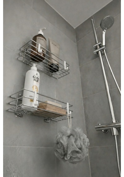 Tek Katlı Duş Rafı Kancalı Banyo Şampuanlık & Organizer 2 Adet Krom Tş-01 Krom