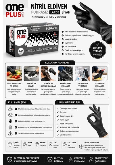 One Plus Nitril Eldiven Pudrasız Larc Siyah 100'lü Paket
