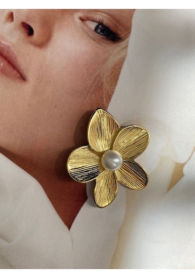 Pinery Jewels Top İncili Yaprak Paslanmaz Çelik Kadın Küpe Çifti Altın