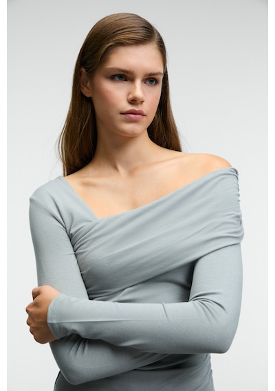 Grımelange VELMEA Kadın Asimetrik Yaka Omuz Detaylı Slim Fit Açık Gri Bluz