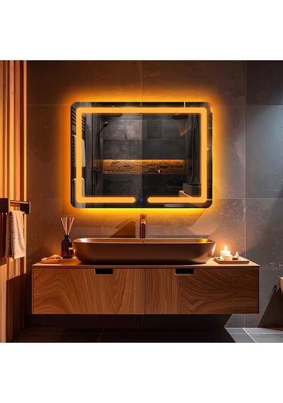 Linea Amber Led'li Kumlamalı Lavabo & Banyo Aynası Dokunmatik Sensörlü 70 X 45 Turuncu
