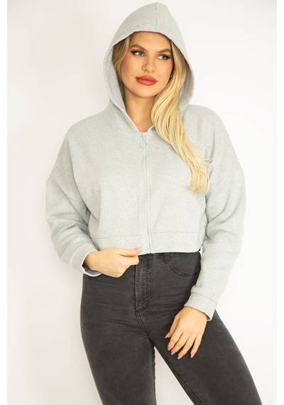 Şans Kadın Gri İçi Şardonlu 2 İplik Kumaş Kapşonlu Sweatshirt 65n35076-gri Gri