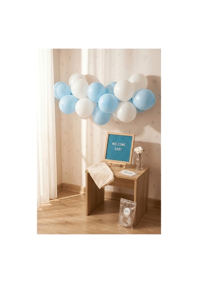 Hastane Odası Süsleme Hoş Geldin Bebek İlk Gün Mini Set Erkek Mavi Keçe Yazı Panosu Standlı Balon Zincirli