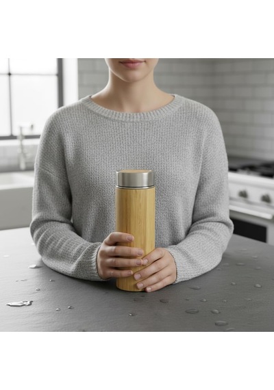 450 Ml Bambu Kaplamalı Çelik Termos - Klasik Bardak Kapaklı Sıcak Ve Soğuk Tutucu Seyahat Termosu Çok Renkli