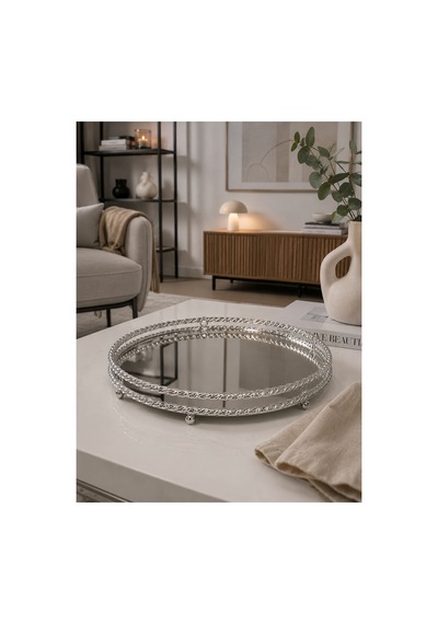 Sleep Nova 5431412312 Gümüş Metal Çerçeveli Aynalı Dekoratif Tepsi 35 X 13 Cm
