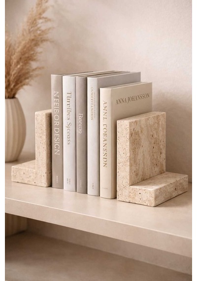 Traverten Mermer Kitap Tutucu 2 Li Set Minimal L Tip Bookend