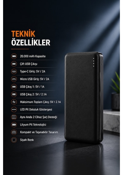 Tb20 20.000mah Led Işıklı Powerbank Siyah