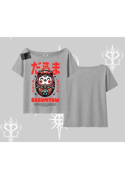 Startmore Startmore Kayık Yaka Tshirt Daruma Kedi Anime Baskılı Gri