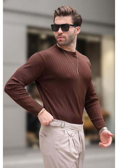 Madmext Kahverengi Bisiklet Yaka Çizgili Uzun Kollu Kazak E7273 Kahverengi