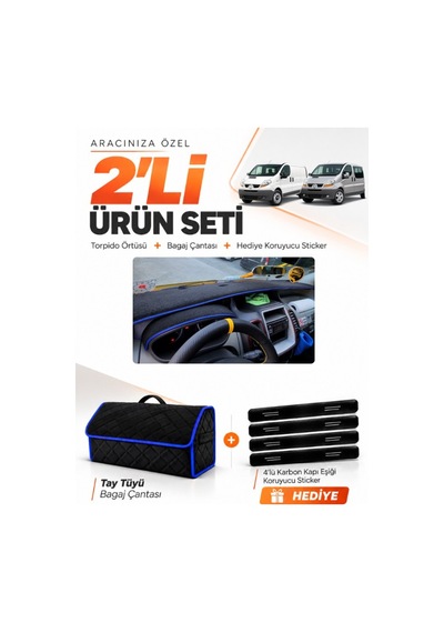 Renault Trafıc 2001-2014 Uyumlu Torpido Örtüsü + Tay Tüyü Bagaj Çantası + Sticker - Siyah Mavi