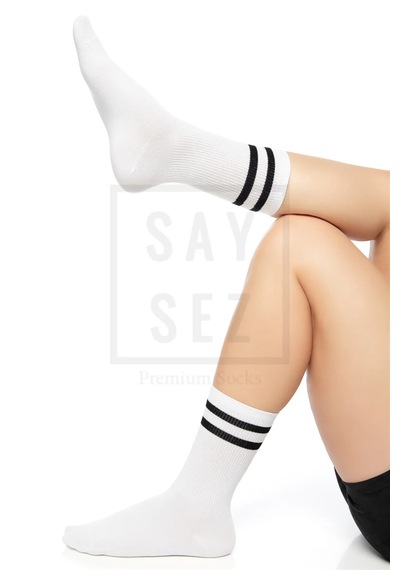 Saysez Bambu Unisex Tenis Kolej Çizgili Beyaz Dikişsiz Soket Çorap 3'lü