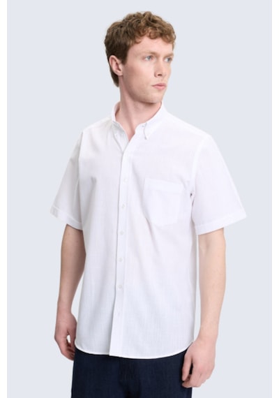 Hatemoğlu Beyaz Comfort Fit 100% Pamuk Düğmeli Yaka Kısa Kollu Casual Gömlek 4111993