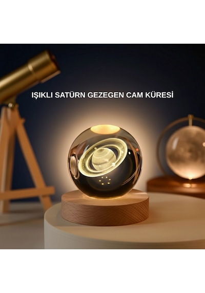 Satürn - 674 - Gezegenli Kristal Küre Led Lamba Usb Li - Csmo-tex - Ahşap Standlı