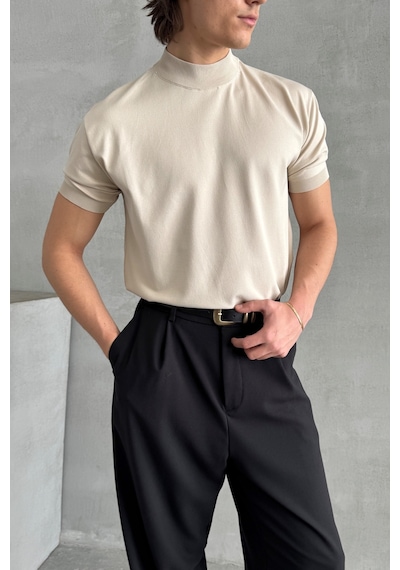 Erkek Oversize Yarım Balıkçı Triko T-shirt Bej