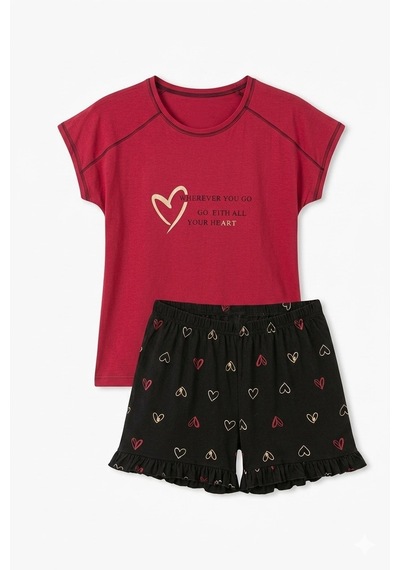 Guava Rahat Düğmesiz Kadın Bisiklet Yaka Yazlık Viskon Kısa Kol Mini Şortlu Pijama Takımı bordo