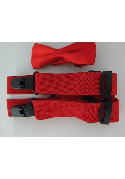 Kırmızı Çocuk Papyonu & Kırmızı Çocuk Pantolon Askısı İkili Set Kırmızı