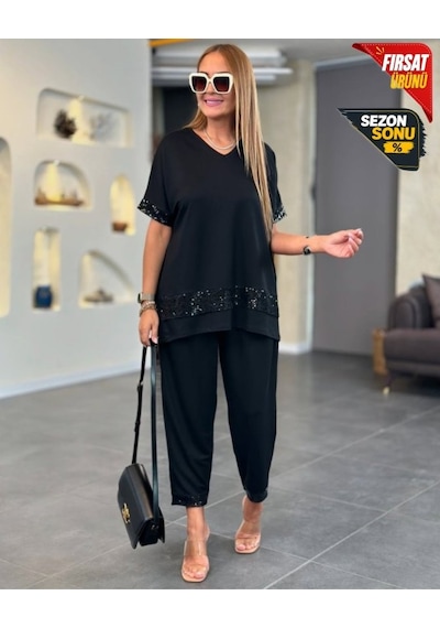 Alyn Wear Kadın Kısa Kollu V Yakalı Pul Payetli Viskon Iki Iplik Bluz Ve Pantolon Ikili Takım Siyah