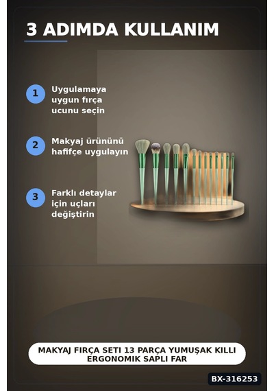Makyaj Fırça Seti 13 Parça Yumuşak Kıllı Ergonomik Saplı Far Allık Fırçası Bx-316253
