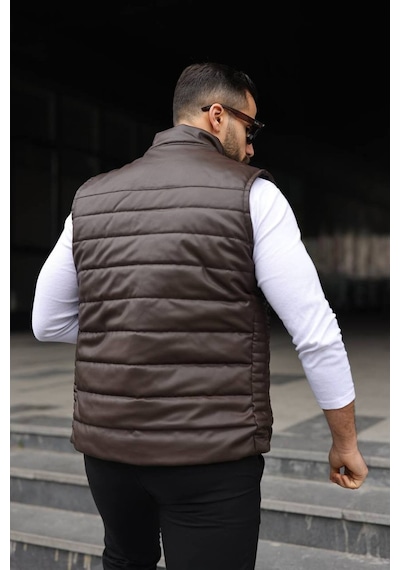 Basic Slim Fit Deri Yelek Kahverengi