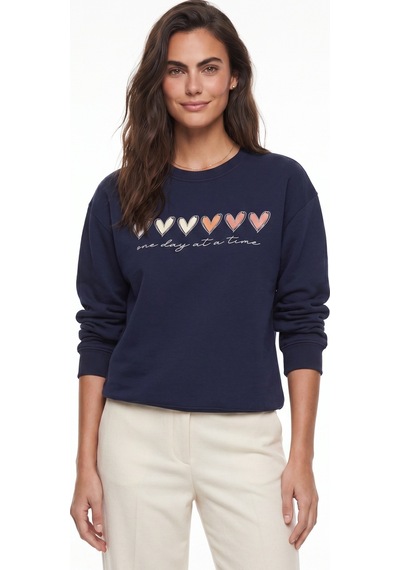 Onloox Kadın Lacivert Lacivert Pamuklu Üç İplik Şardonlu Bisiklet Yaka Kalp Baskılı Sweatshirt Sweatshirt