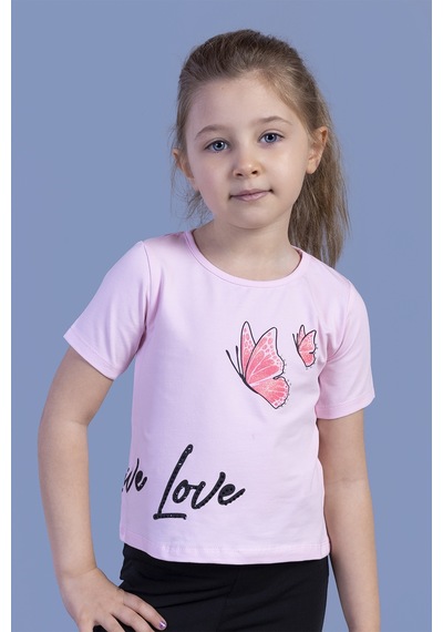 Toontoy Kids Toontoy Kız Çocuk Kelebek Baskılı Taş İşlemeli Tişört Açık Pembe
