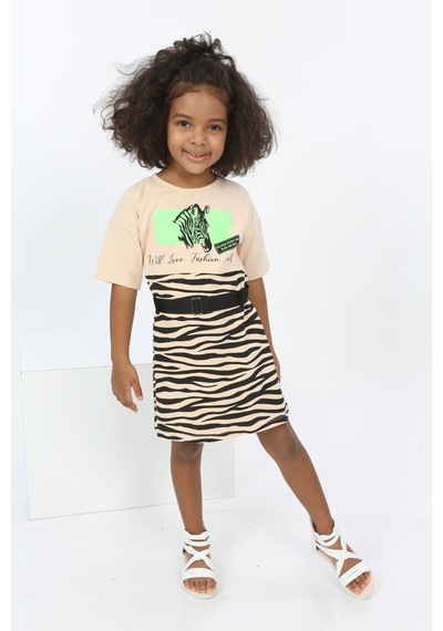 Toontoy Kız Çocuk Zebra Baskılı Elbise Bej