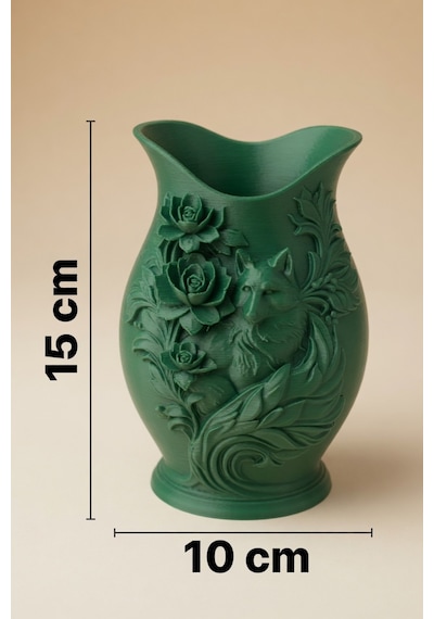 Kurt Desenli Gül Kabartmalı Dekoratif Vazo Mat Dokulu Ev Ofis Salon Masa Raf Süsü Çiçeklik 15x10 Cm Yeşil