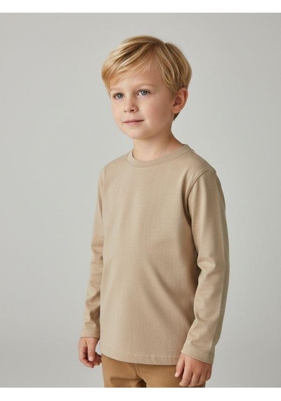 Zekids Erkek Çocuk Pamuklu Uzun Kol Basic T-shirt-16713 Bej