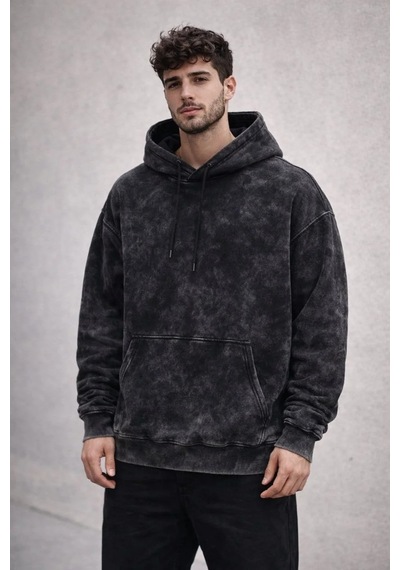 Tarzyeri Erkek Yağ Yıkamalı Kapşonlu Oversize Üç İplik Pamuklu Sweatshirt Siyah
