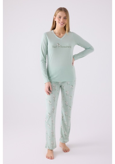 Arnetta 3062 Uzun Kol Kadın Pijama Takımı Yeşil