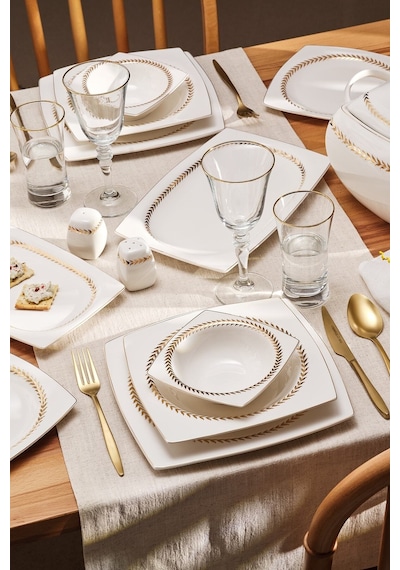 Emsan Fine Bone Başak 60 Parça 12 Kişilik Kare Yemek Takımı Gold