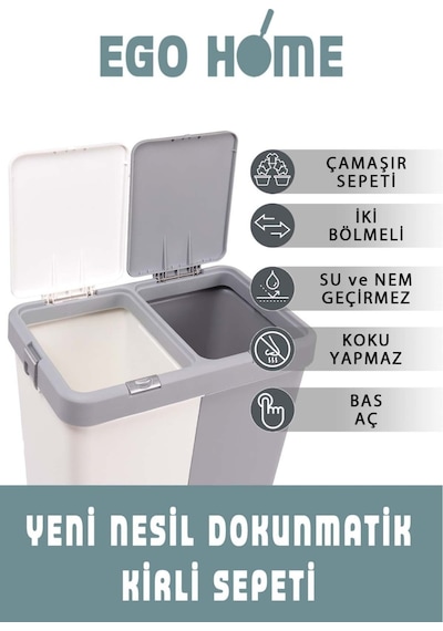 Motek Kirli Sepeti Ve Çöp Kovası Temizilik Çamaşır Dokunmatik Kirli Sepeti Beyaz