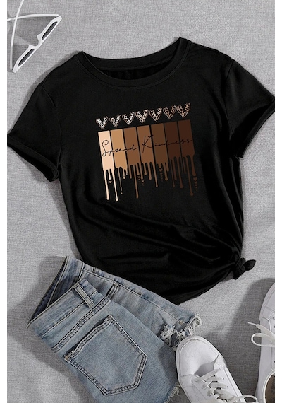 Unisex Leopar Kalp Baskılı Oversize T-shirt Siyah