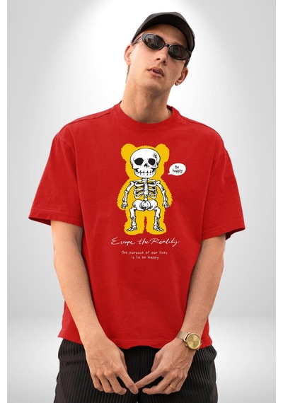 Mutlu Ol Pamuklu Bisiklet Yaka Unisex Oversize Boyfriend Dijital Baskılı Kırmızı T-shirt Kırmızı