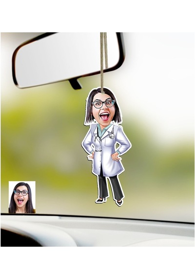 Kişiye Özel Bayan Doktor Karikatürlü Ahşap Araba Dikiz Ayna Süsü