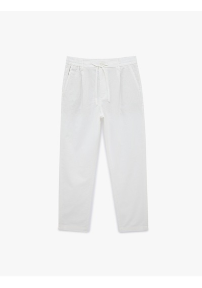 Koton Regular Fit Beli Lastikli Düğmeli Düz Paça Keten Karışımlı Chino Yazlık Pantolon Beyaz 6sam40003hw