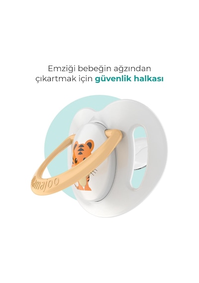 Mamajoo Ortodontik Emzik Seti 12 Ay+ Ekru & Kaplan | İkili, Silikon, Damaklı | Sterilizasyon & Saklama Kabı