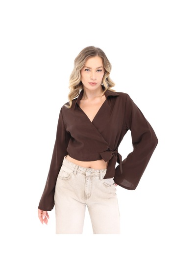 Blayn Jeans Blayn Kadın Beyaz Kruvaze Yaka Belden Bağlamalı Uzun Kollu Şık Bluz Kahverengi