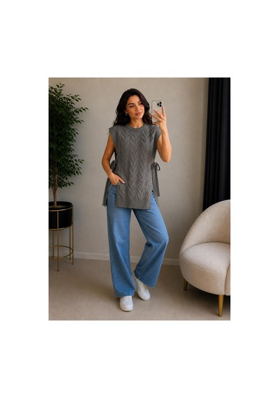 Hira Life Fashion Kadın Bisiklet Yaka Yanları Açık Bağcıklı Oversize Triko Süveter Gri Gri