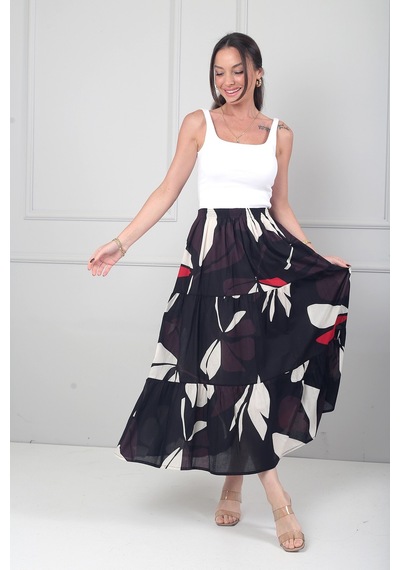 By Saygı Kadın Beli Lastikli Astarlı Çiçek Desenli Fırfırlı Midi Cotton Etek Siyah