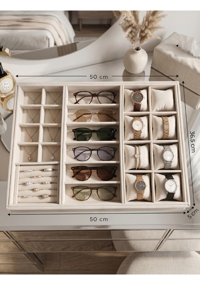 Homebiente Xlarge 50x36,5 Cm Krem Kadife Saat, Gözlük, Yüzük Ve Küpe Takı Organizer Tablası