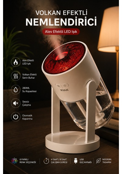 Volkan Efektli Nemlendirici 280ml Led Işıklı Ultrasonik Hava Nemlendirici Sessiz Aroma Difüzör Rt-hm30